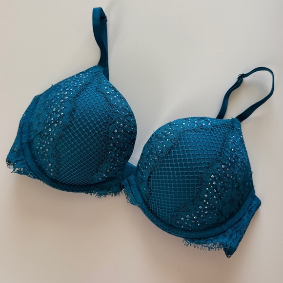 VS Lace Rhinestone Push Up Bra Bombshell Blue 34C Adds 2 Cup Sizes Padded - Picture 1 of 8